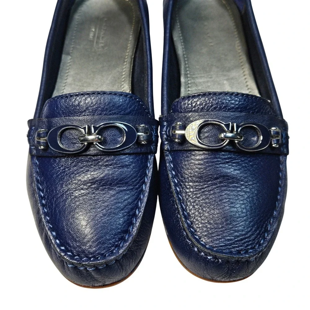 COACH Fortunata Blue Pebble Leather Loafers 6.5M Silver‎ Bit Moccasins Old Money